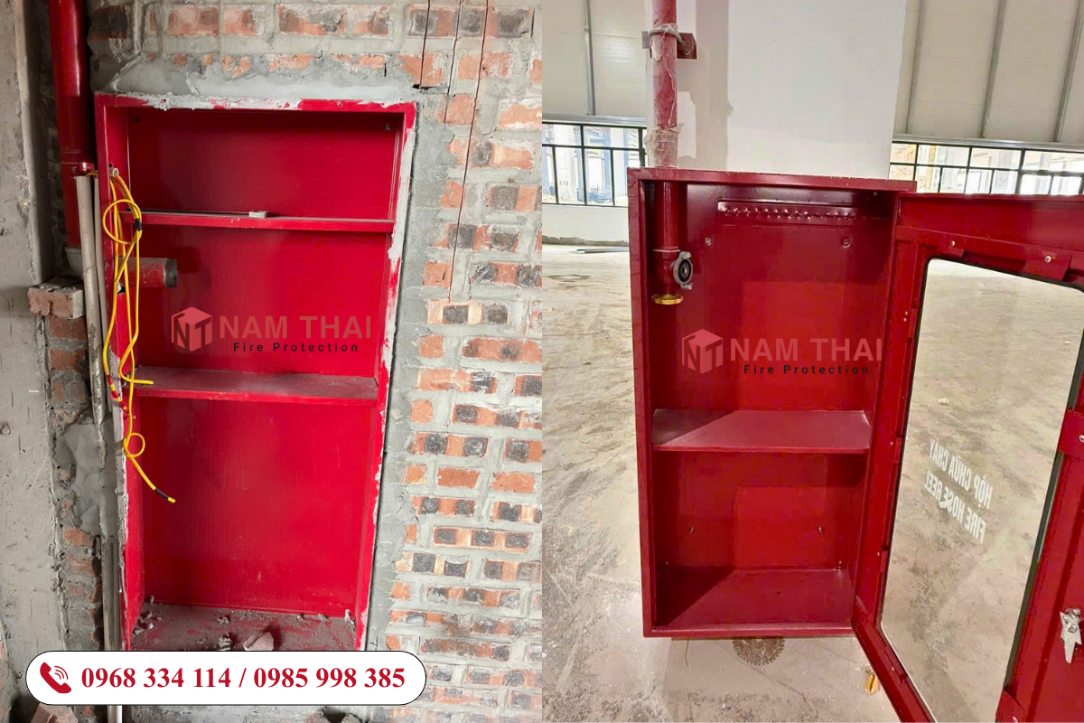 Cận cảnh cố định tủ chữa cháy bằng tắc kê sắt hoặc bulong nở