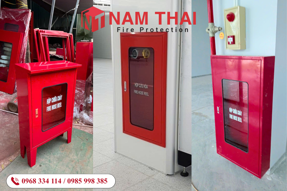 Ảnh so sánh Tủ Chữa Cháy Âm Tường, Gắn Nổi, và Ngoài Trời