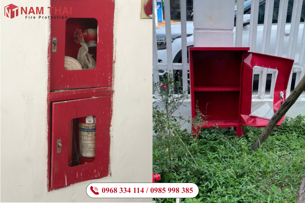 Tủ chữa cháy bị gỉ sét hư hỏng nặng do không bảo dưỡng